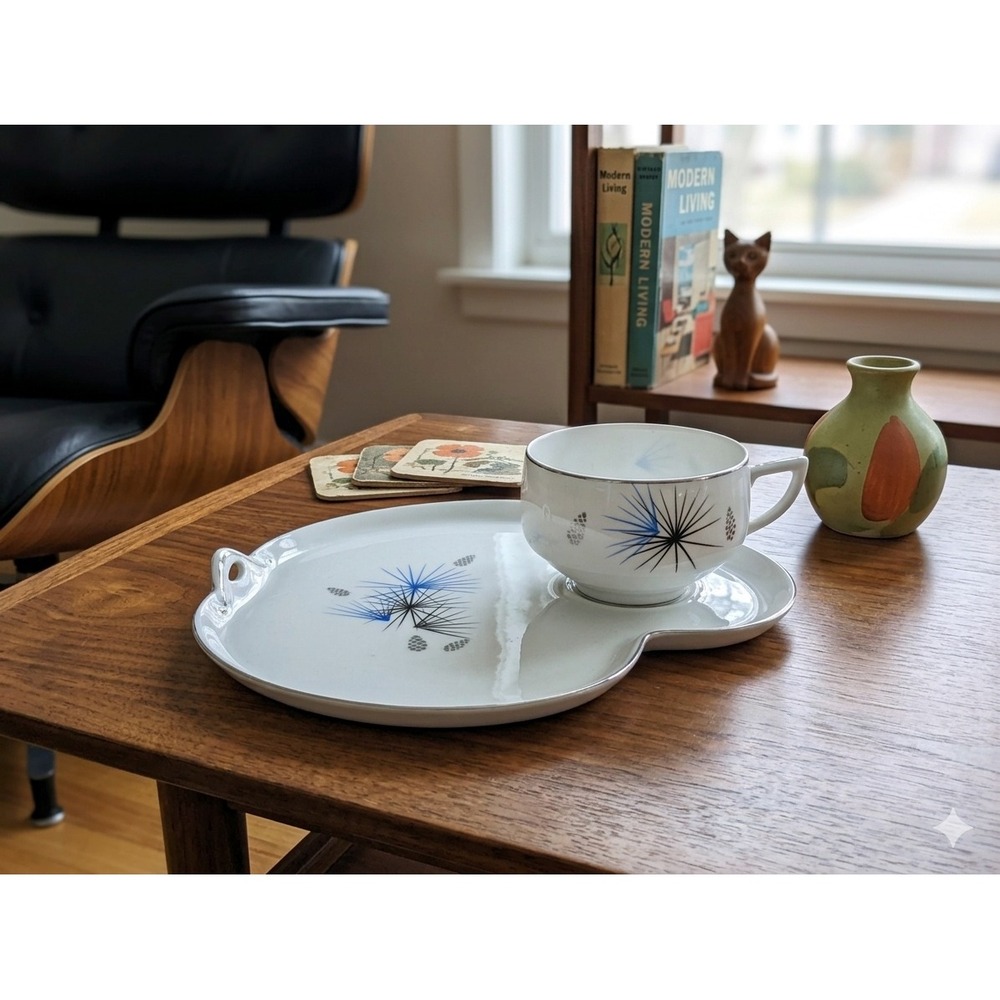 Vintage Hakusan China Snack Set Cup Tray Atomic Starburst Blue Black Japan 9613